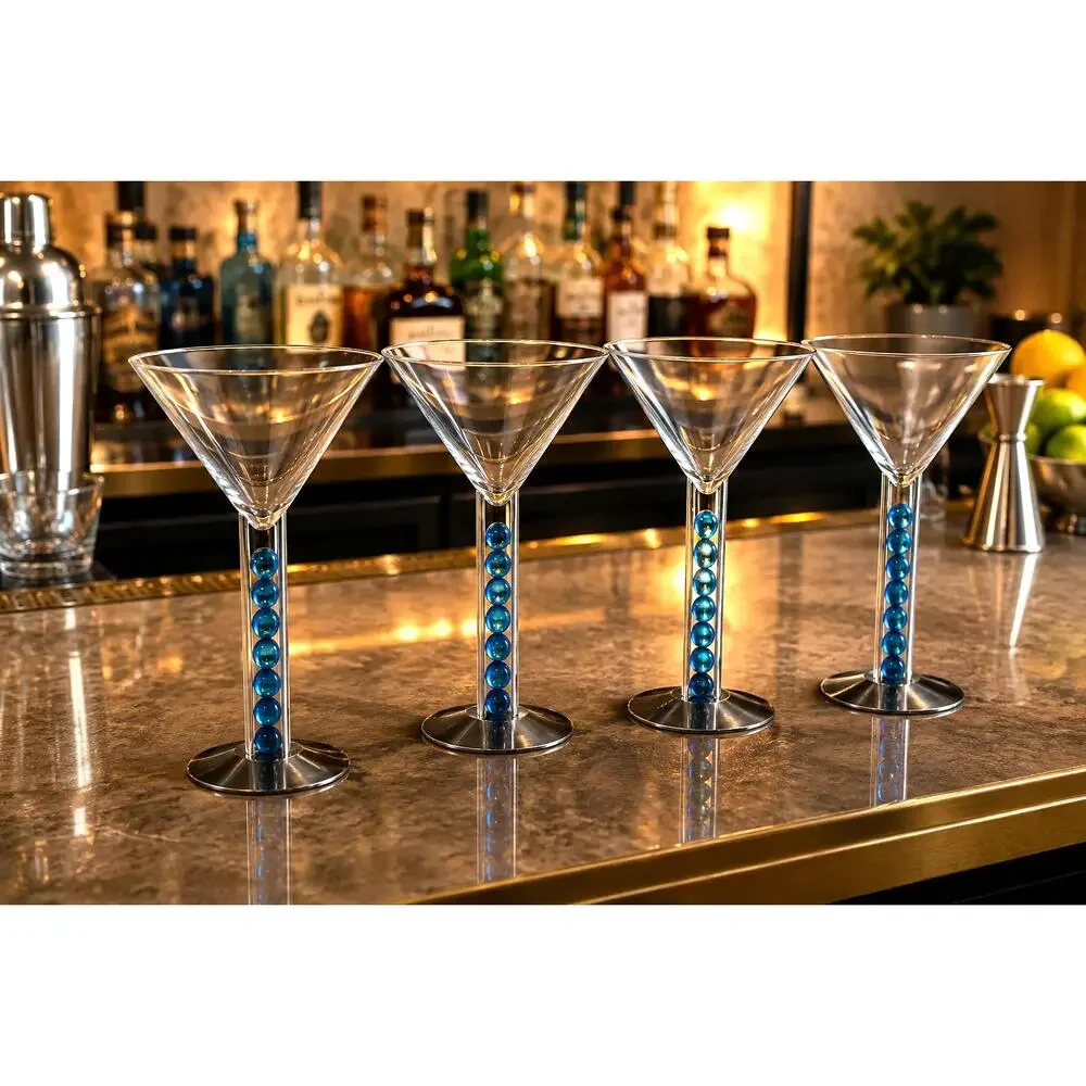 4 Patricia Heaton Bombay Sapphire Martini Glasses Blue Beads 1999 Artglass